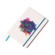 Critical Role Watercolor Logo Journal - White hardcover journal with colorful watercolor splash and black geometric Critical Role logo, teal elastic band and ribbon