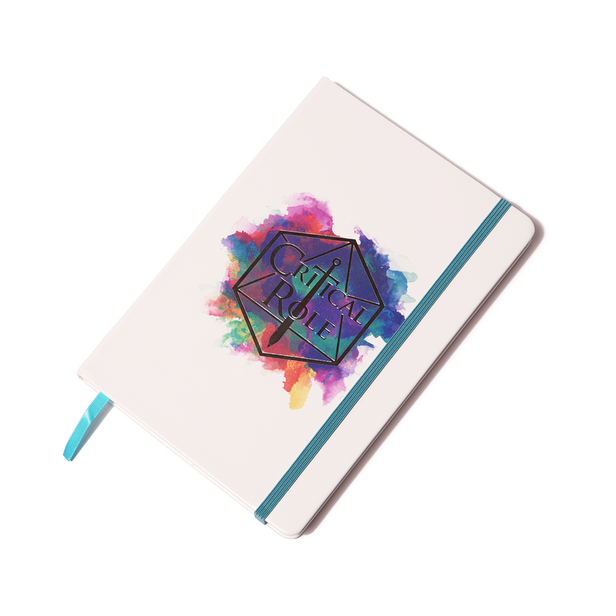Critical Role Watercolor Logo Journal - White hardcover journal with colorful watercolor splash and black geometric Critical Role logo, teal elastic band and ribbon