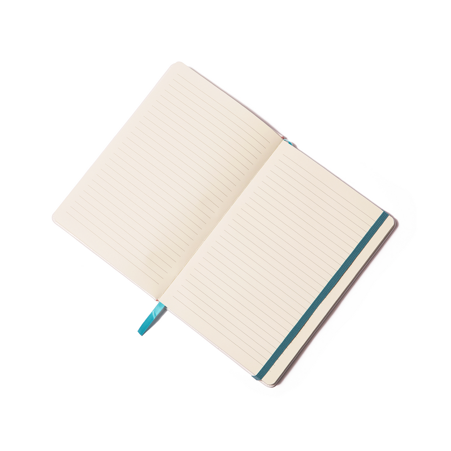 Critical Role Watercolor Logo Journal - Open lined journal with cream-colored pages, teal ribbon bookmark, and teal elastic band closure.