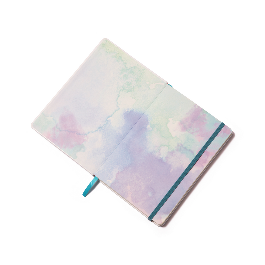 Critical Role Watercolor Logo Journal - Open journal with pastel watercolor cover in soft lavender, green, and blue hues, featuring a black elastic closure and a.