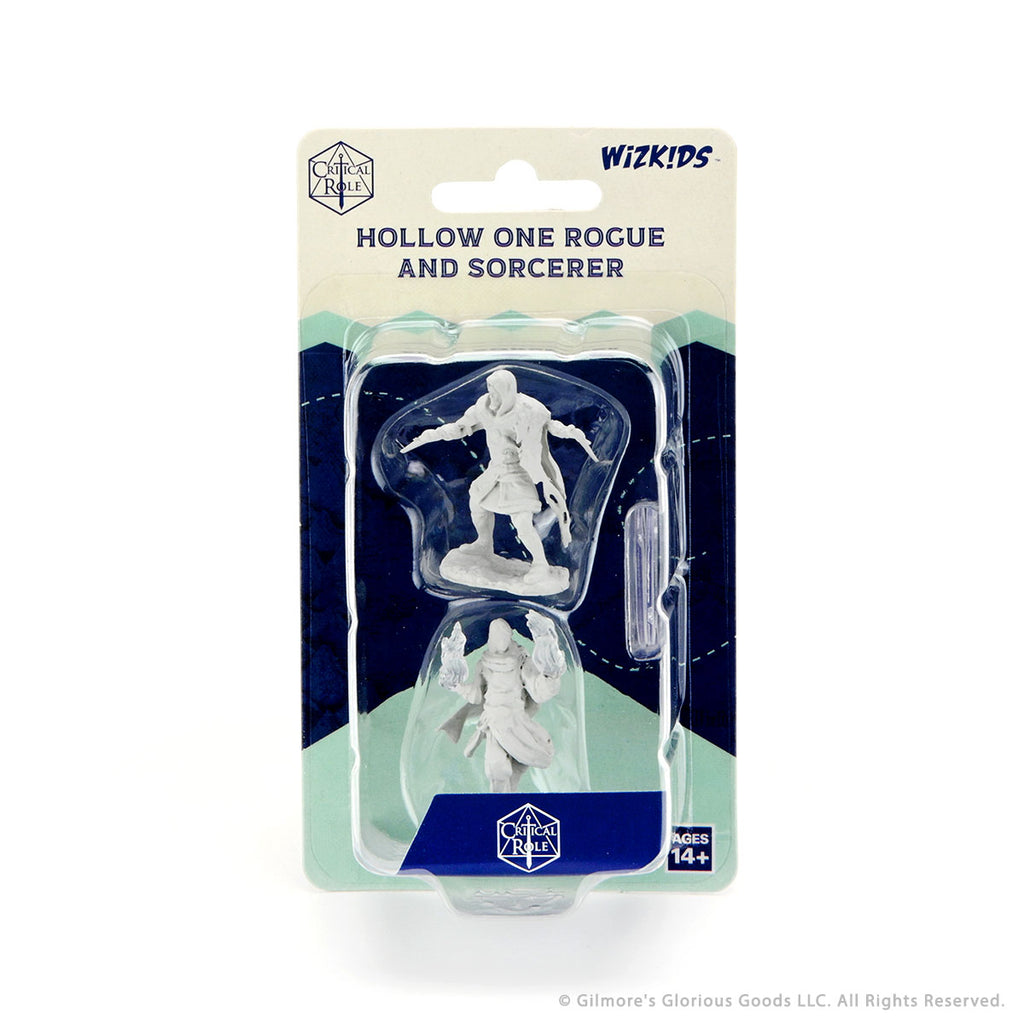 Critical Role Mini: Hollow One Rogue & Sorceror M - Unpainted miniature set featuring fantasy rogue and sorcerer characters in dynamic poses with weapons and magic effects.