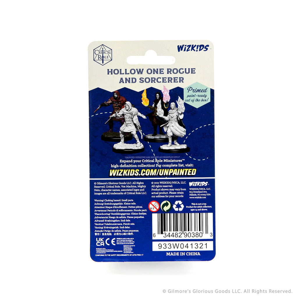 Critical Role Mini: Hollow One Rogue & Sorceror M - Unpainted Hollow One Rogue and Sorcerer miniatures in gray plastic on black bases with packaging showing product info.