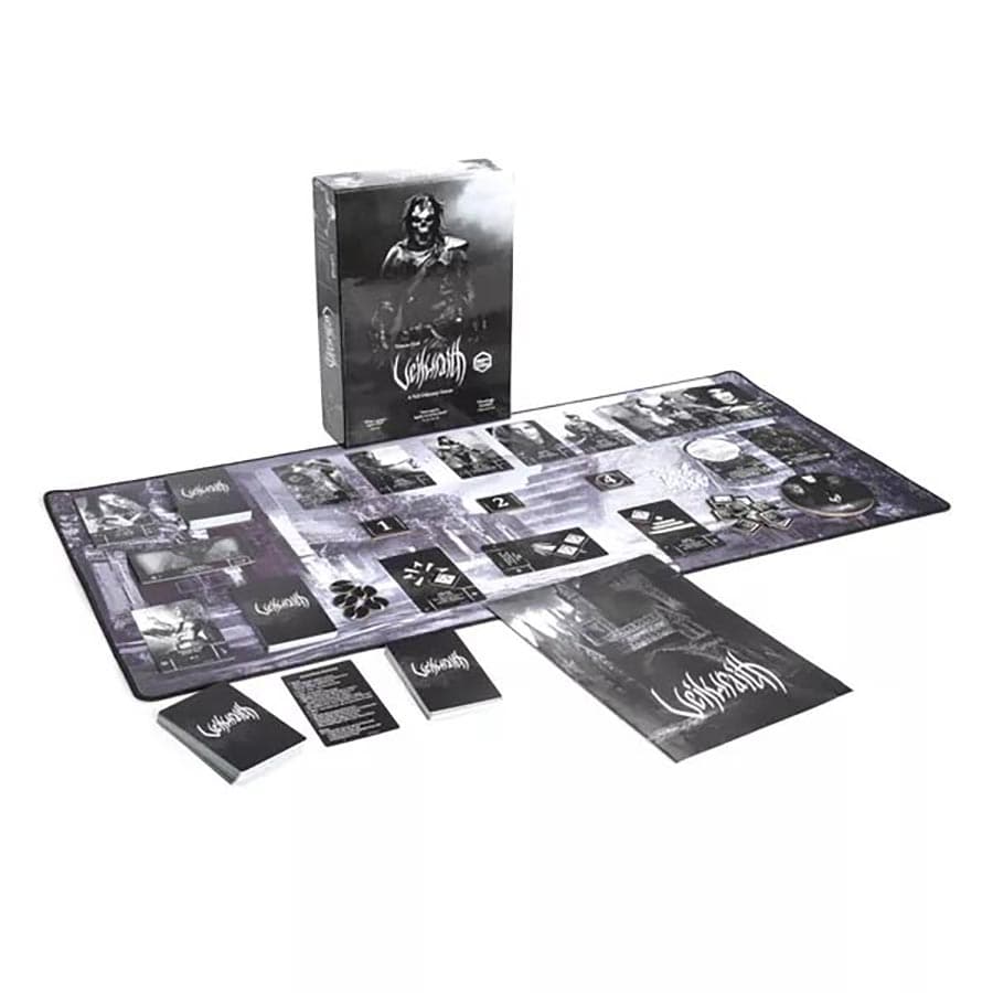Veilwraith (PREORDER) - Veilwraith card game set with dark fantasy artwork, including cards, board, rulebook, and box in black and gray tones.