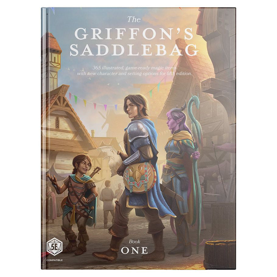 D&D 5E: The Griffon's Saddlebag Book One - Fantasy RPG book cover featuring three adventurers—human warrior, halfling, and winged elf—against a medieval town backdrop.