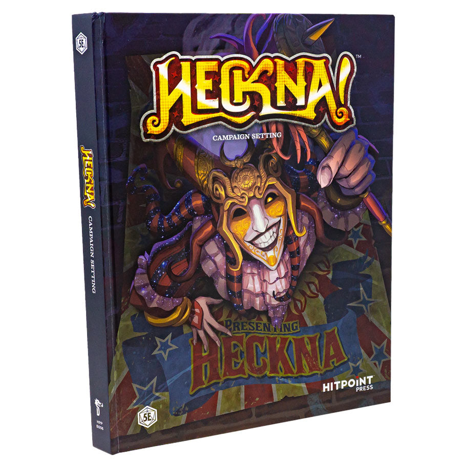 D&D 5E: Heckna!: Campaign Book - Dark-themed D&D campaign book with colorful jester mask artwork and bold yellow "Heckna!" title.