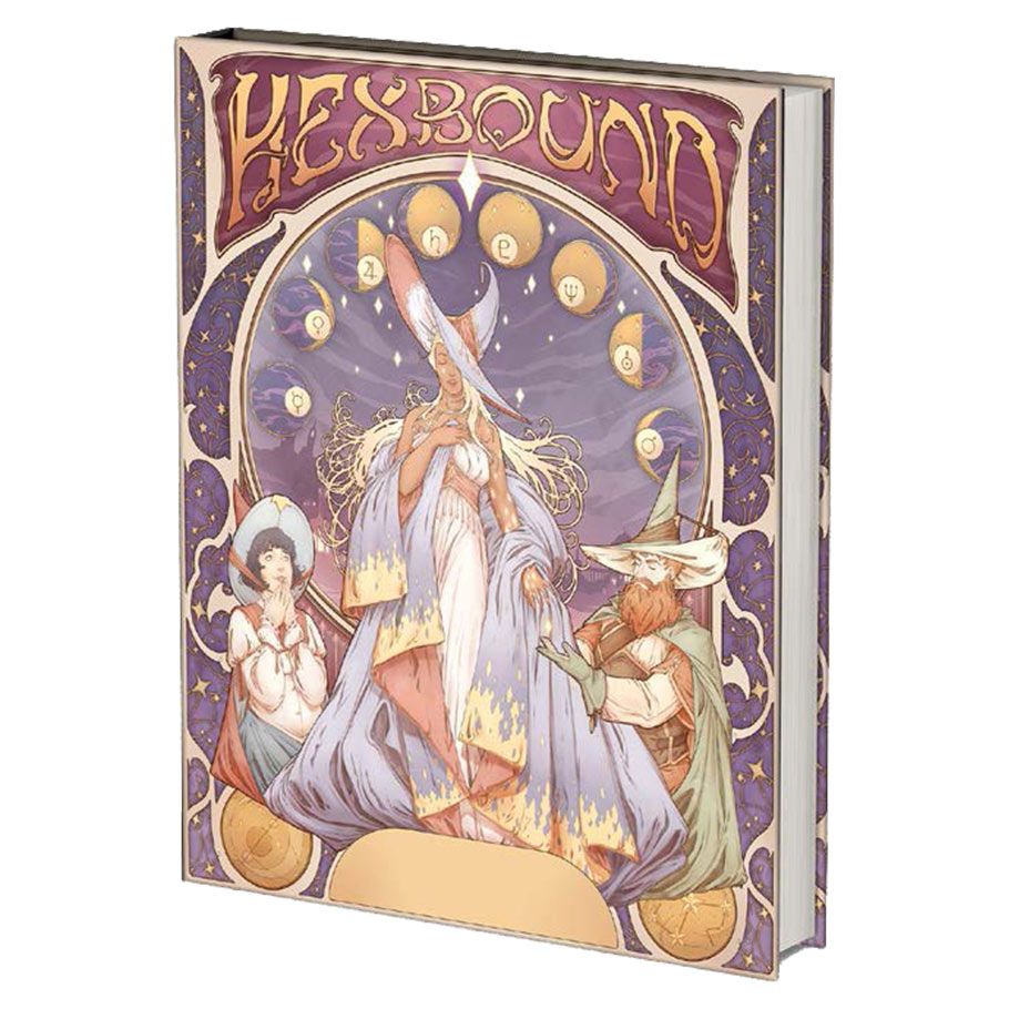 Hexbound Deluxe Edition - Hexbound Deluxe Edition book with fantasy artwork featuring a robed wizard casting a spell, flanked by a warrior woman and a