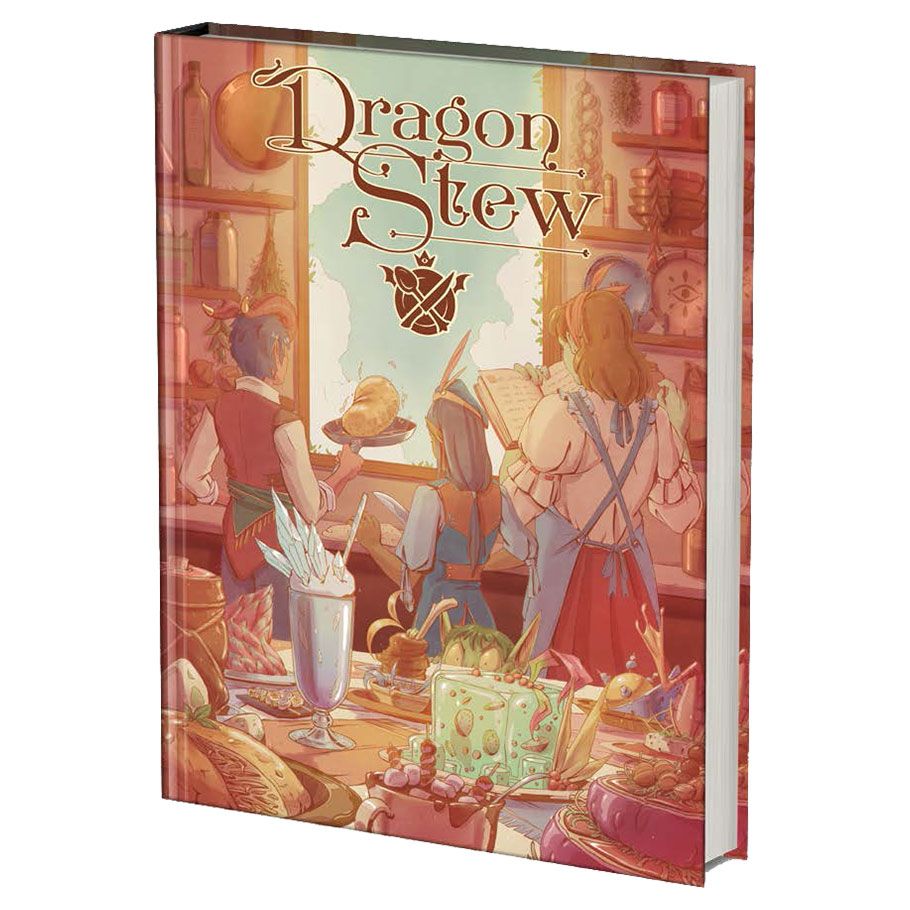 Dragon Stew - Book titled Dragon Stew with an illustrated fantasy tavern scene featuring adventurers and warm, earthy tones.