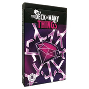 The Deck of Many: Things - Black and purple rectangular box with a red geometric gem and white angular symbols, labeled "The Deck of Many Things".