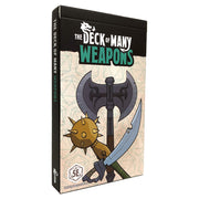 The Deck of Many: Weapons - Deck of fantasy weapon cards with axe, spiked mace, and curved sword on beige background, black and teal text.