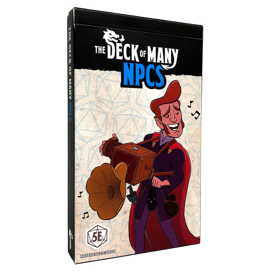 The Deck of Many: NPCs - Card deck box titled The Deck of Many NPCs featuring a cartoon bard playing a lute, colorful and stylized art on a light.