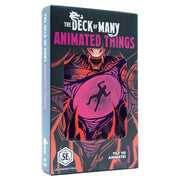 D&D 5E: Animated Spells: Animated Things - Dark-themed D&D 5E deck box with purple and orange animated figure design and bold pink text.
