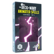 D&D 5E: Animated Spells: Animated Cantrips - Black and purple box with glowing pink lightning pattern, labeled The Deck of Many Animated Spells Cantrips Vol.