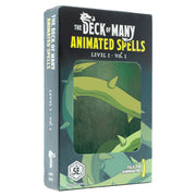 D&D 5E: Animated Spells: Level 1 Volume 1 - Black and green D&D 5E card deck box titled "Animated Spells Level 1 - Vol 1" with dragon claw graphic and "The Deck of.