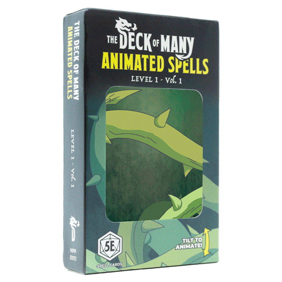 D&D 5E: Animated Spells: Level 1 Volume 1 - Black and green D&D 5E card deck box titled "Animated Spells Level 1 - Vol 1" with dragon claw graphic and "The Deck of.