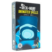 D&D 5E: Animated Spells: Level 1 Volume 2 - Black and blue box of D&D 5E Animated Spells cards with glowing spell design and "Level 1 Vol. 2" text.