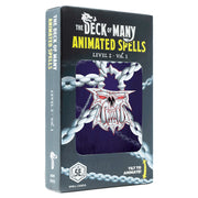 D&D 5E: Animated Spells: Level 2 Volume 1 - Rectangular card deck box with a dark purple front featuring a white demon skull bound by metallic chains, labeled "The Deck