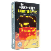 D&D 5E: Animated Spells: Level 3 Volume 2 - Black box with fiery orange and yellow flame design labeled The Deck of Many Animated Spells Level 3 Vol 2 for D&D gameplay.
