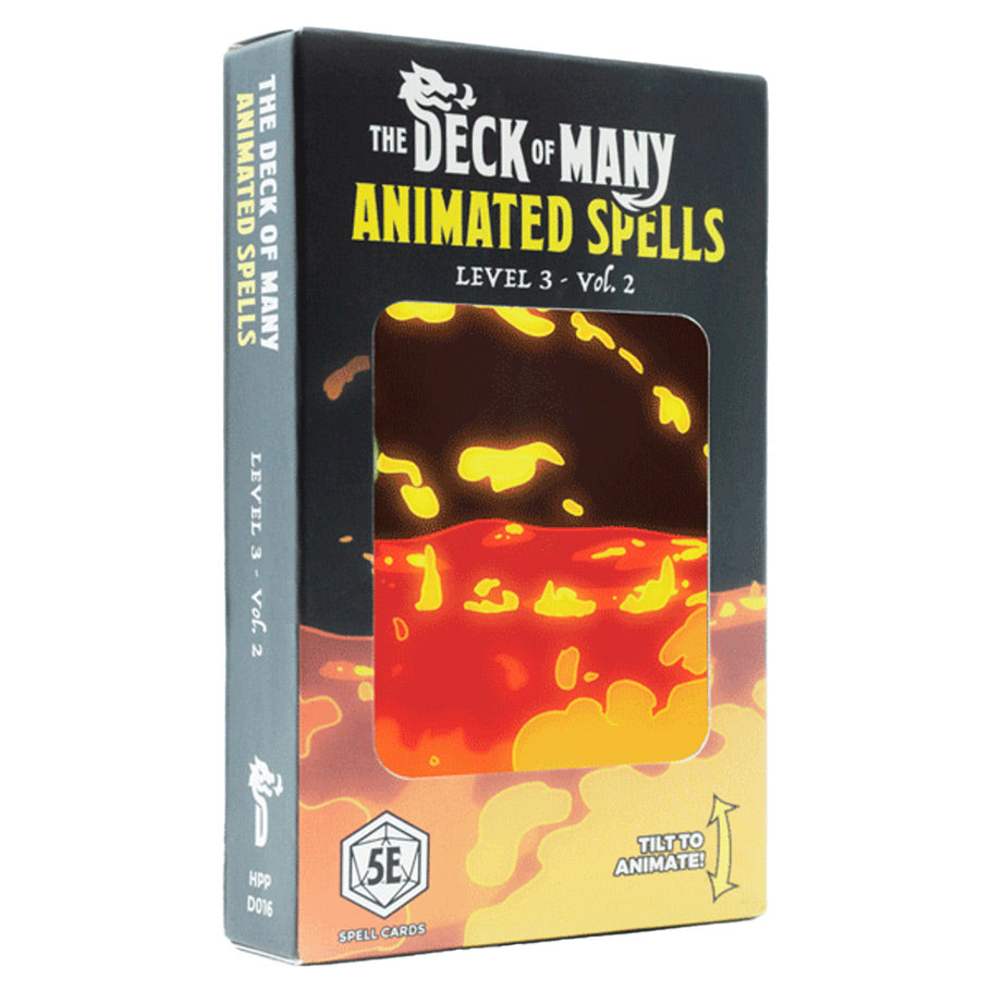 D&D 5E: Animated Spells: Level 3 Volume 2 - Black box with fiery orange and yellow flame design labeled The Deck of Many Animated Spells Level 3 Vol 2 for D&D gameplay.