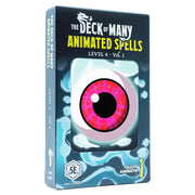 D&D 5E: Animated Spells: Level 4 Volume 1 - Blue box with a large pink and black animated eye illustration, labeled "The Deck of Many Animated Spells Level 4 Vol. 1".