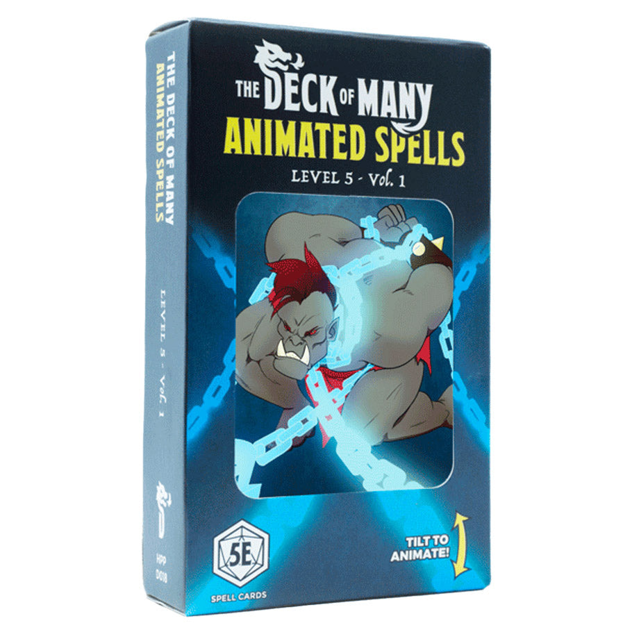 D&D 5E: Animated Spells: Level 5 Volume 1 - Blue rectangular box displaying muscular warrior character breaking chains, titled The Deck of Many Animated Spells Level 5.