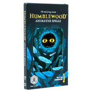 D&D 5E: Humblewood: Animated Spells Vol. 1 - Dark blue rectangular box with glowing yellow eyes inside a swirling magical portal, surrounded by floating blue feathers,.