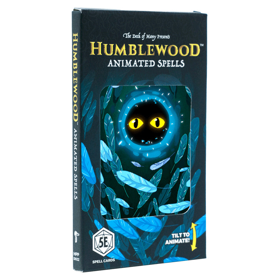 D&D 5E: Humblewood: Animated Spells Vol. 1 - Dark blue rectangular box with glowing yellow eyes inside a swirling magical portal, surrounded by floating blue feathers,.