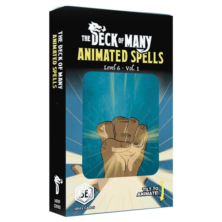 D&D 5E: Animated Spells: Level 6 Volume 1 - Black box packaging for D&D animated spells with a raised clenched fist illustration on a blue background, labeled Level 6.