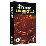 D&D 5E: Animated Spells: Level 7 Volume 1 - Black and orange box labeled The Deck of Many Animated Spells Level 7 Vol 1 for D&D 5E with flame graphics and D20 dice icon.