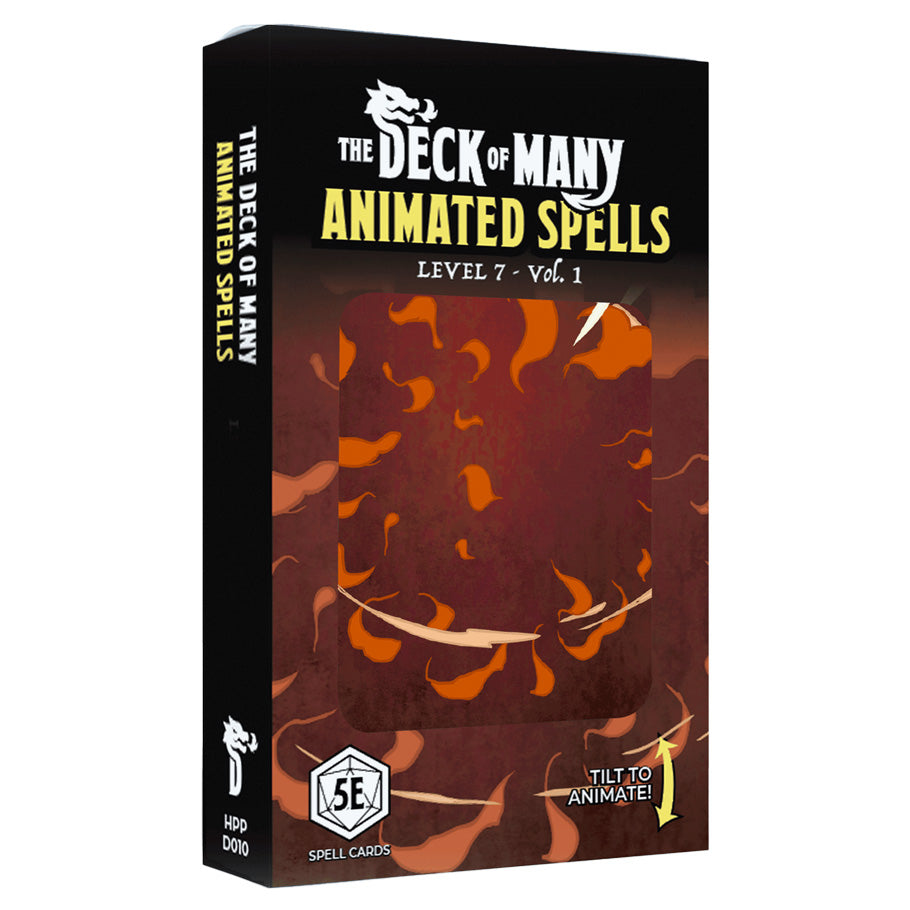 D&D 5E: Animated Spells: Level 7 Volume 1 - Black and orange box labeled The Deck of Many Animated Spells Level 7 Vol 1 for D&D 5E with flame graphics and D20 dice icon.