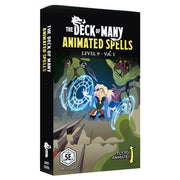 D&D 5E: Animated Spells: Level 9 Volume 1 - Black box with colorful fantasy artwork showing a wizard casting glowing blue spells surrounded by rocks and menacing.
