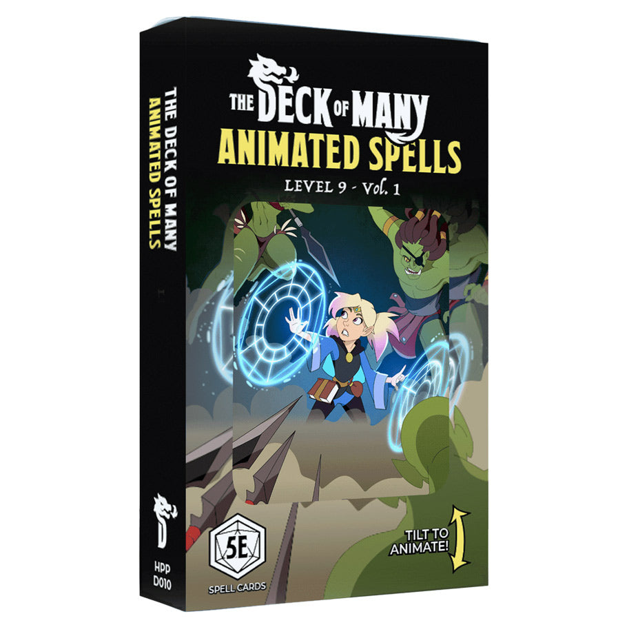 D&D 5E: Animated Spells: Level 9 Volume 1 - Black box with colorful fantasy artwork showing a wizard casting glowing blue spells surrounded by rocks and menacing.