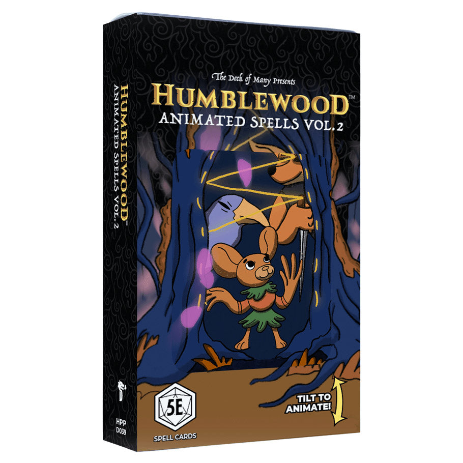 D&D 5E: Humblewood: Animated Spells Vol. 2 - Dark fantasy-themed box featuring an animated bird character in a forest setting with purple and orange tones, labeled.