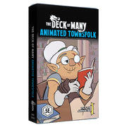 D&D 5E: Animated Spells: Townsfolk - Tall rectangular box with cartoon elf reading a red book, labeled "The Deck of Many Animated Townsfolk" with D&D 5E branding