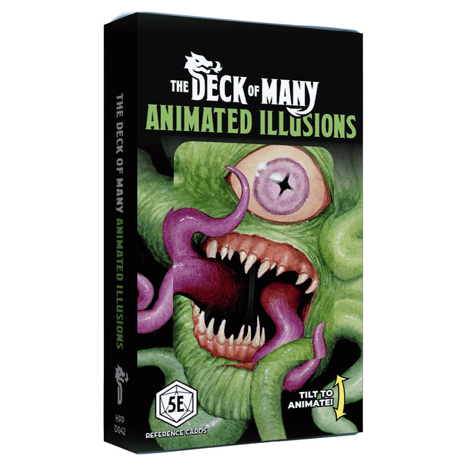 D&D 5E: Animated Spells: Illusions - Deck of many animated illusions card deck box featuring a green tentacled monster with a large mouth, sharp teeth, and a.