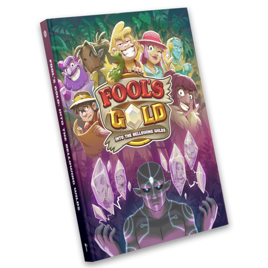 D&D 5E: Fool's Gold: Into the Bellowing Wilds - Colorful Dungeons & Dragons adventure book with cartoon characters and glowing crystals on the cover.