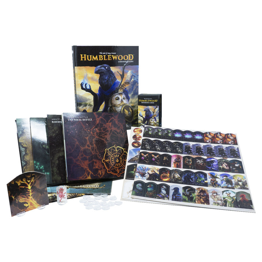 D&D 5E: Humblewood: Box Set - Humblewood D&D 5E box set with rulebooks, illustrated dice, character tokens, and a detailed game board with fantasy art.