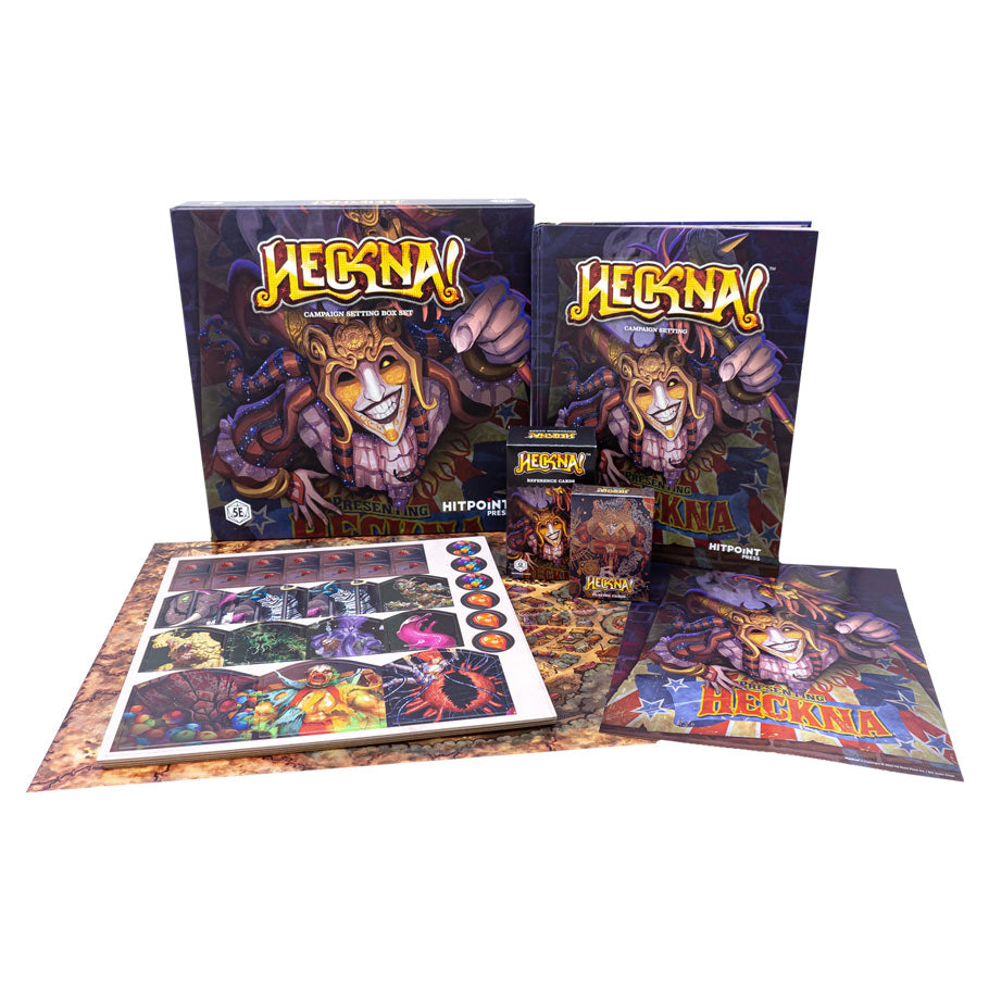 D&D 5E: Heckna!: Box Set - D&D 5E Heckna! box set featuring colorful fantasy artwork, includes rulebook, adventure module, dice, map, and card deck.