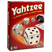 Yahtzee - Yahtzee game box with red background, large dice graphics, and hand shaking a dice cup.