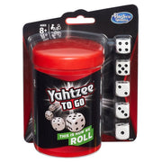 Yahtzee To Go - Compact red cylindrical Yahtzee To Go container with five white dice in black plastic packaging.