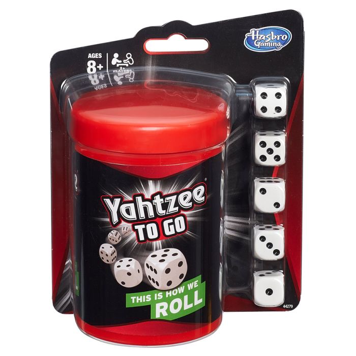 Yahtzee To Go - Compact red cylindrical Yahtzee To Go container with five white dice in black plastic packaging.