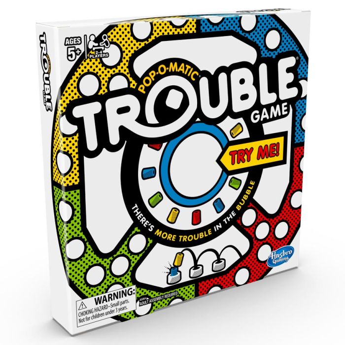 Trouble - Square Trouble board game box with colorful dotted path and pop-o-matic bubble in the center.