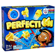Perfection - Perfection board game box with yellow puzzle pieces and a cartoon character on a blue background.