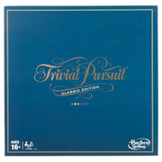 Trivial Pursuit: Classic Edition - Blue square board game box with gold script reading Trivial Pursuit Classic Edition, small colorful pie pieces below, and.