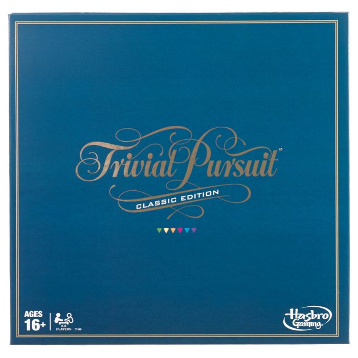 Trivial Pursuit: Classic Edition - Blue square board game box with gold script reading Trivial Pursuit Classic Edition, small colorful pie pieces below, and.