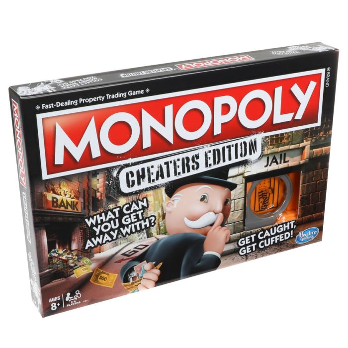 Monopoly Cheaters Edition - Monopoly Cheaters Edition board game box with Mr. Monopoly character and bold red logo on black background.