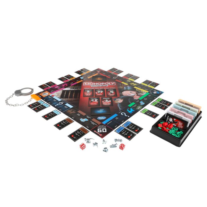 Monopoly Cheaters Edition - Monopoly Cheaters Edition board game with colorful property spaces, red and green tokens, dice, cards, money, and a silver.