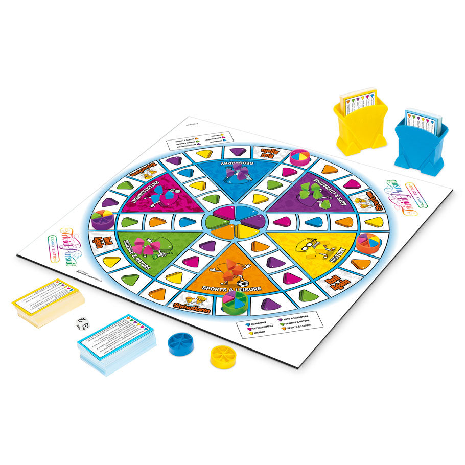 Trivial Pursuit Family Edition - Colorful circular game board with pie-shaped question sections, plastic scoring tokens, and yellow and blue cardholders.