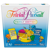 Trivial Pursuit Family Edition - Trivial Pursuit Family Edition game box with colorful logo, yellow pie-shaped game pieces, and cartoon characters holding.