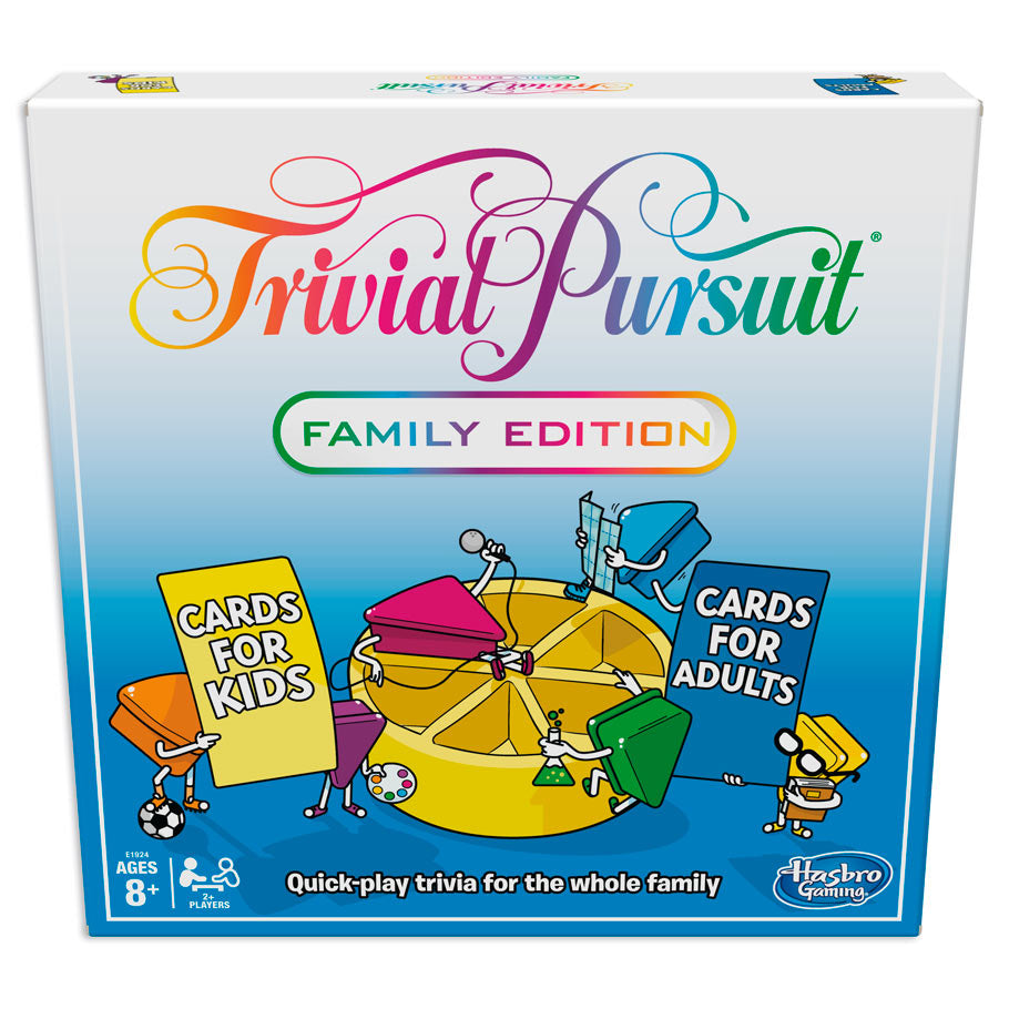 Trivial Pursuit Family Edition - Trivial Pursuit Family Edition game box with colorful logo, yellow pie-shaped game pieces, and cartoon characters holding.