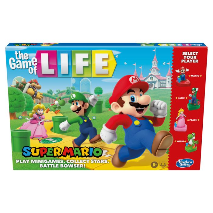 Game of Life: Super Mario - Colorful Game of Life board game box featuring Super Mario characters Mario, Luigi, and Princess Peach on a vibrant green.